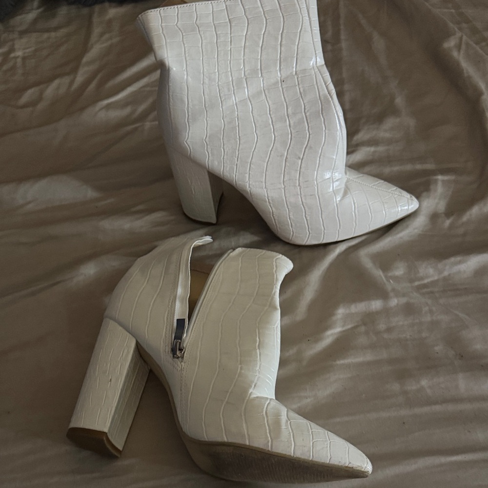 White Croc-Embossed Ankle Boots